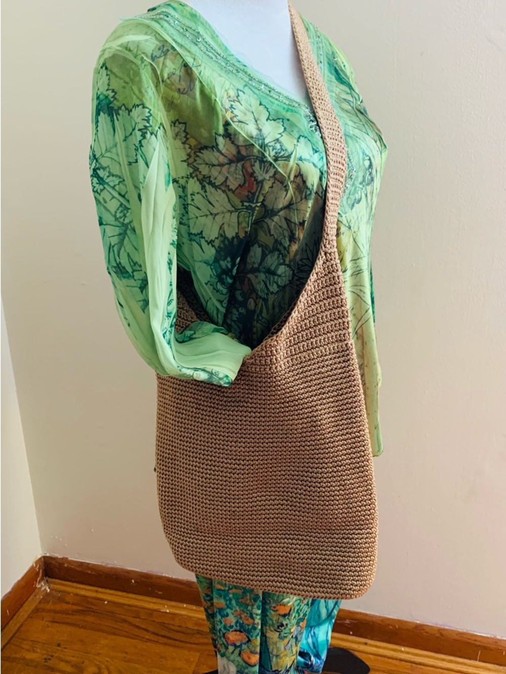 Neutral Tan Crochet Shoulder Bag - Casual Everyday Tote